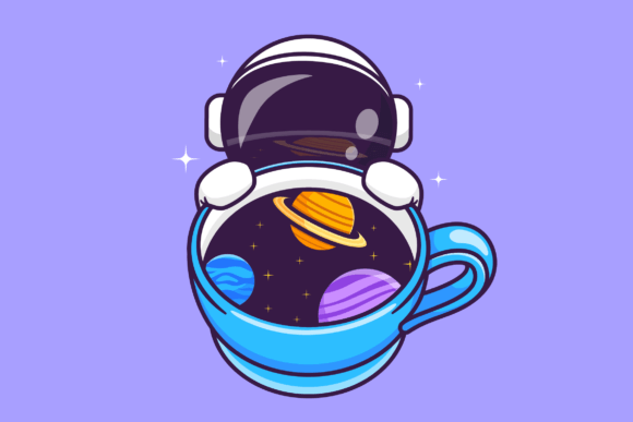Cute Astronaut with Coffee Space Cup Graphics & Illustrations