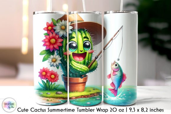Summer Fishing Cute Cactus Tumbler Wrap Graphics