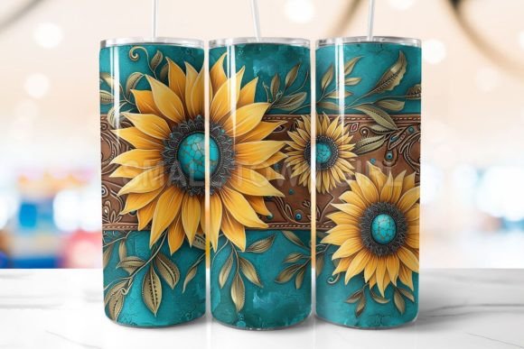 Tooled Leather Sunflower Tumbler PNG 5: Graphics for Warm, Authentic Tumbler Wraps